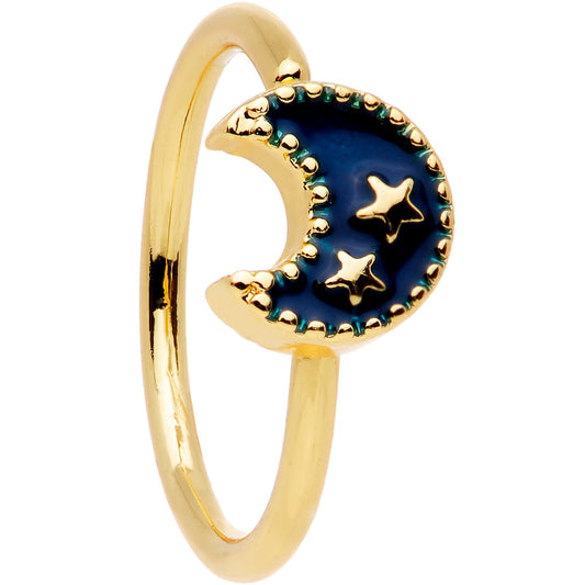 20G 5/16 Gold Tone Blue Crescent Moon and Stars Nose Hoop