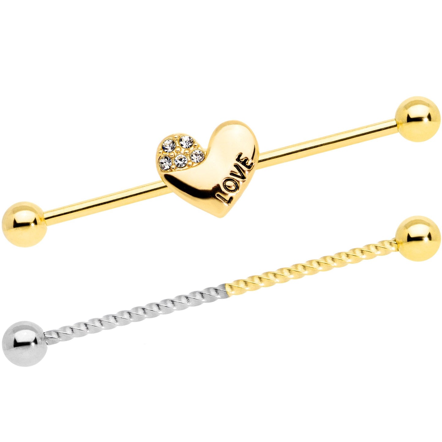 14G Clear Gem Gold Tone Love Heart Industrial Barbell 38mm