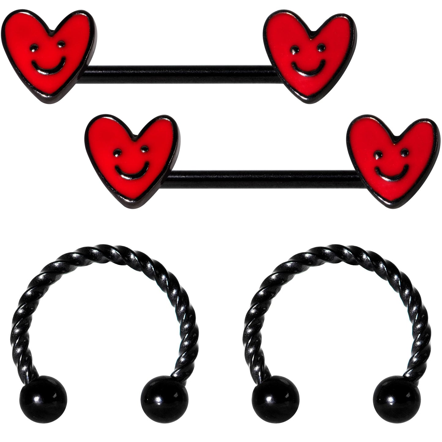 14G 11/16 1/2 Black Red Heart Horseshoe Barbell Nipple Ring Set