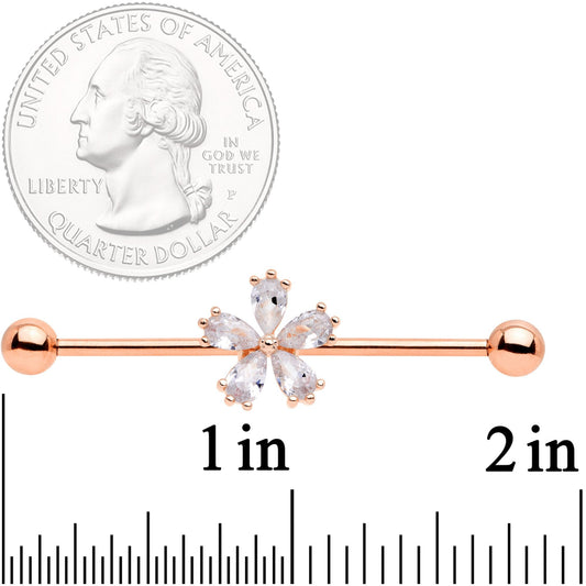 14G Clear CZ Gem Rose Gold Tone Petal Industrial Barbell 38mm
