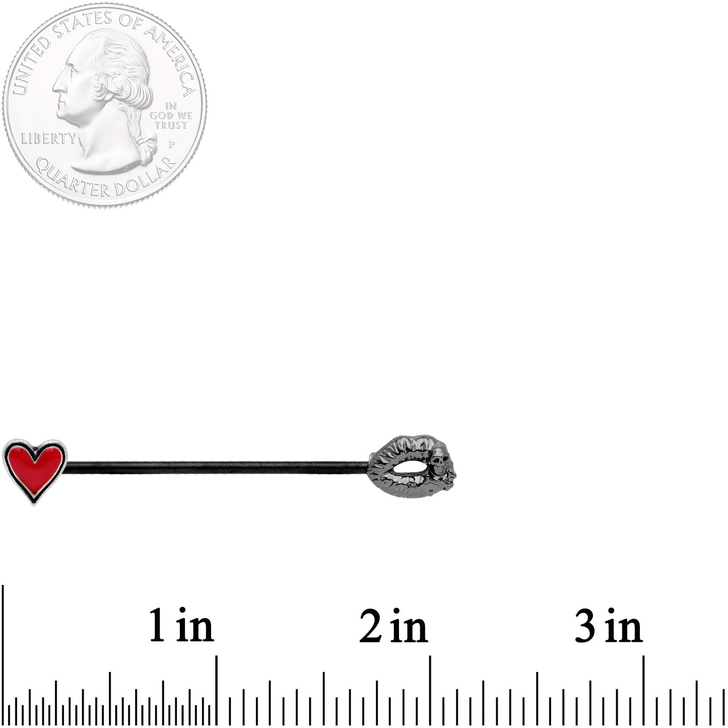 14G Red Heart Black Kiss of Death Industrial Barbell 38mm