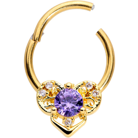 16G 3/8 Purple CZ Gold Tone Abstract Heart Hinged Segment Ring