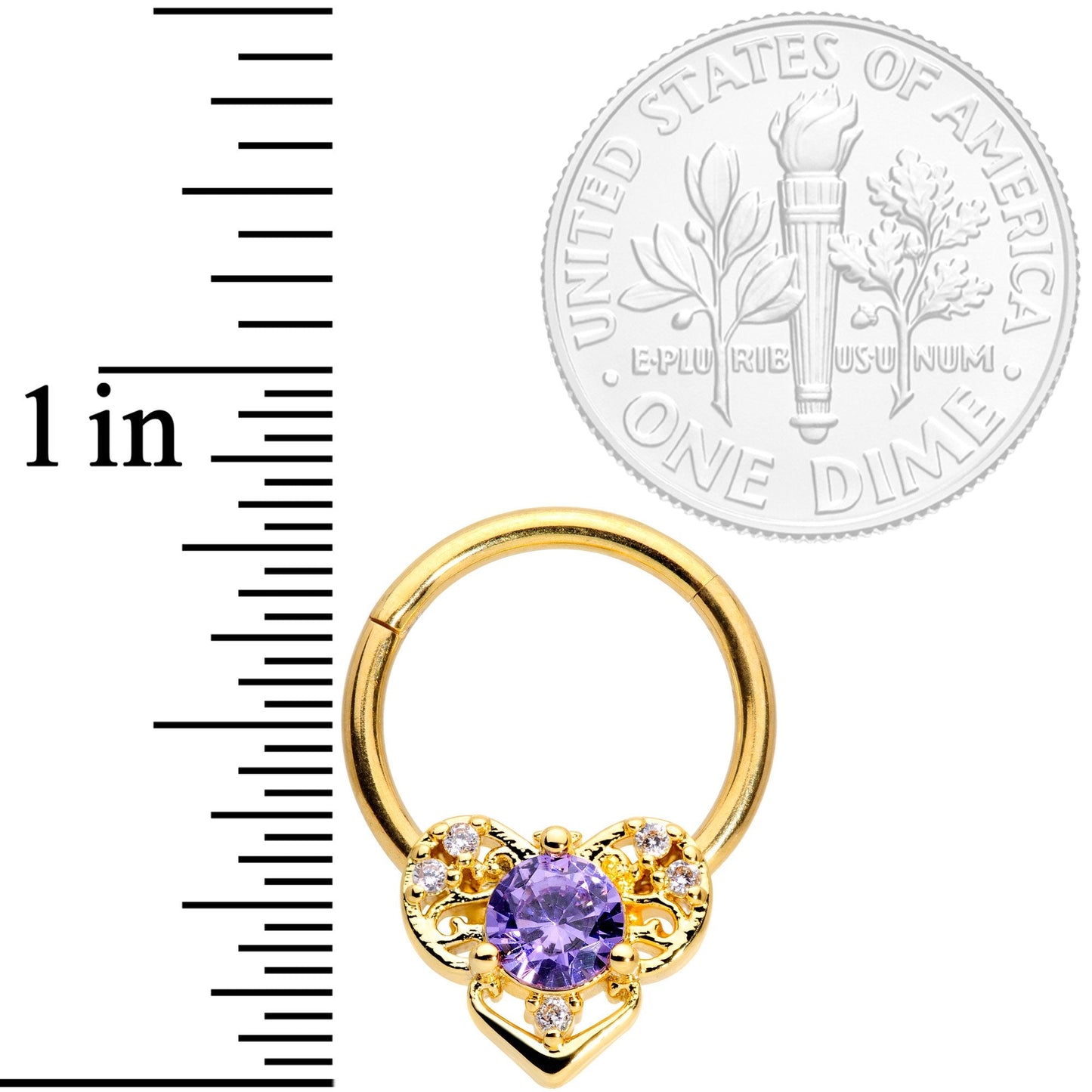 16G 3/8 Purple CZ Gold Tone Abstract Heart Hinged Segment Ring