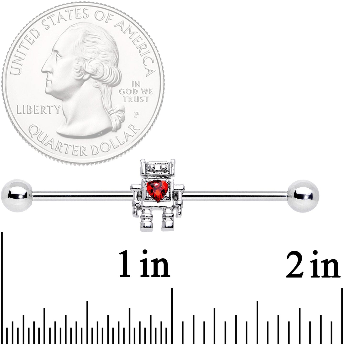 14G Red Gem Heart Valentines Day Robot Industrial Barbell 38mm