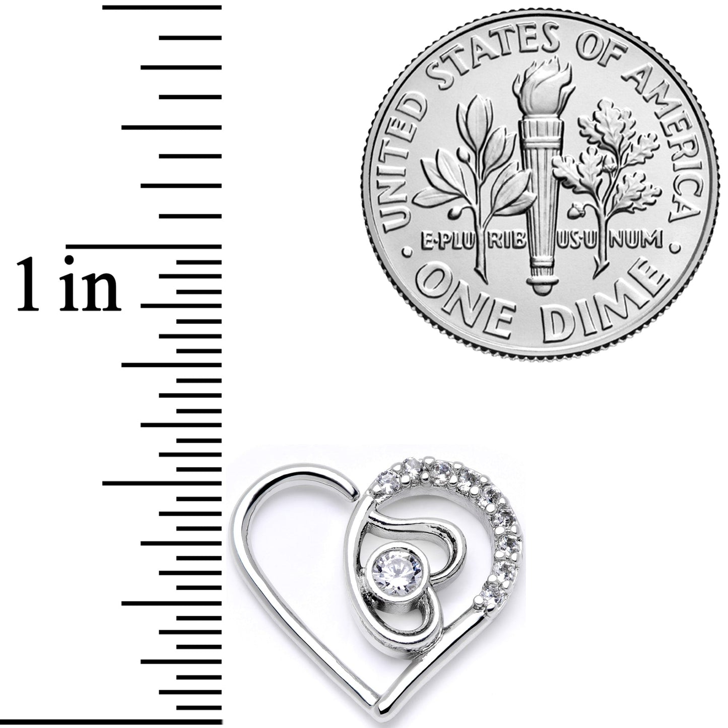 16G 1/4 Clear CZ Gem Double Heart Left Ear Closure Ring