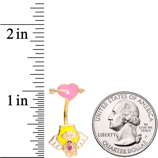 Pink Gem Gold Tone Cupid Heart Double Mount Belly Ring