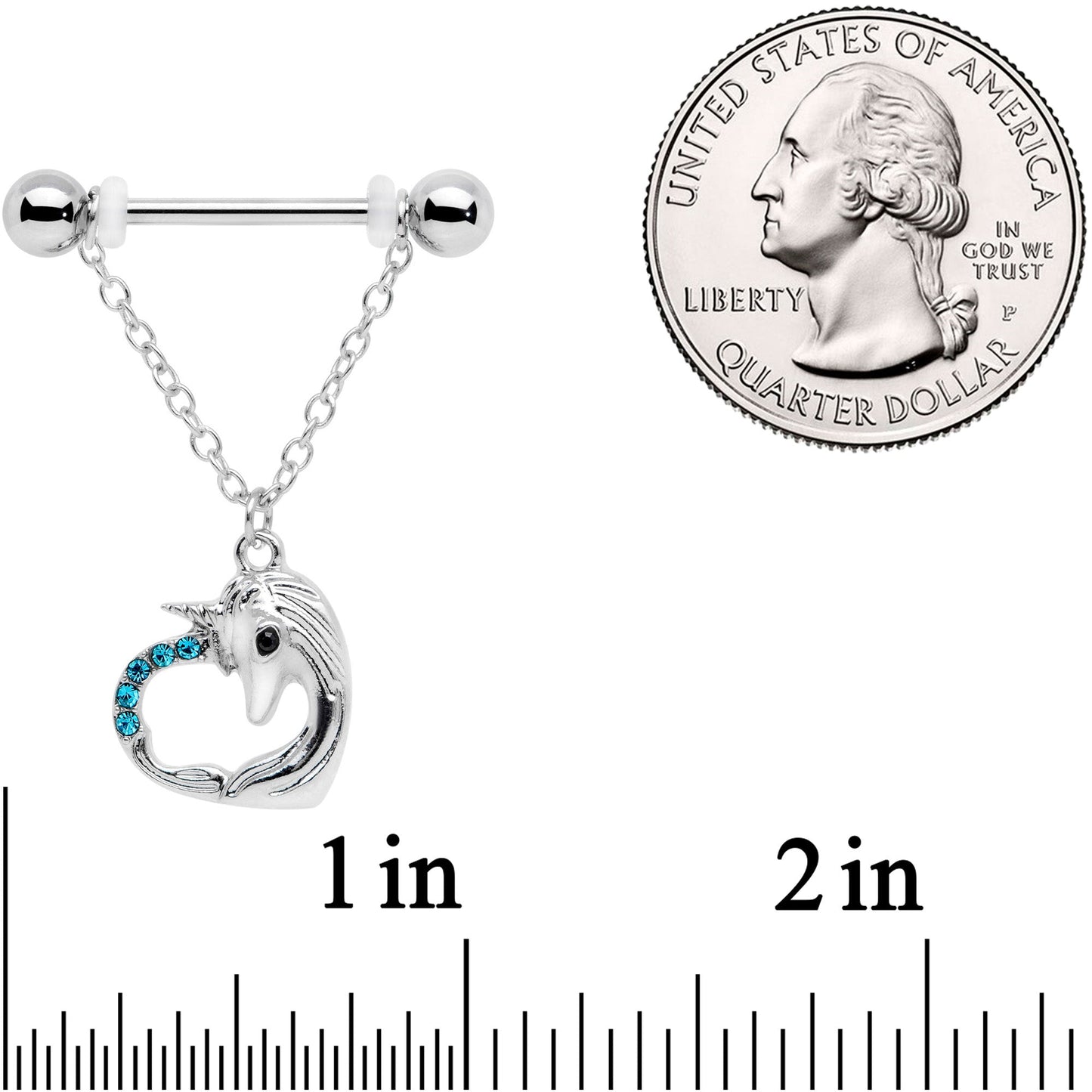 14G 5/8 Aqua Gem Unicorn Heart Dangle Barbell Nipple Ring Set