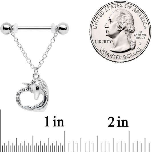 14G 5/8 Clear Gem Unicorn Heart Dangle Barbell Nipple Ring Set