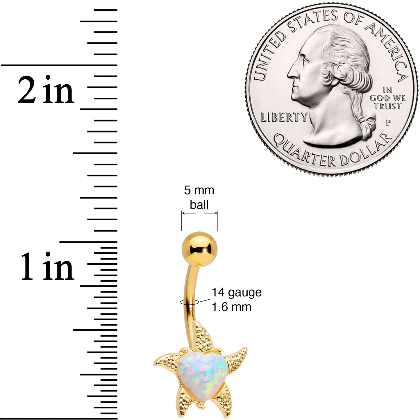 White Synthetic Opal Gold Tone Heart Starfish Nautical Belly Ring