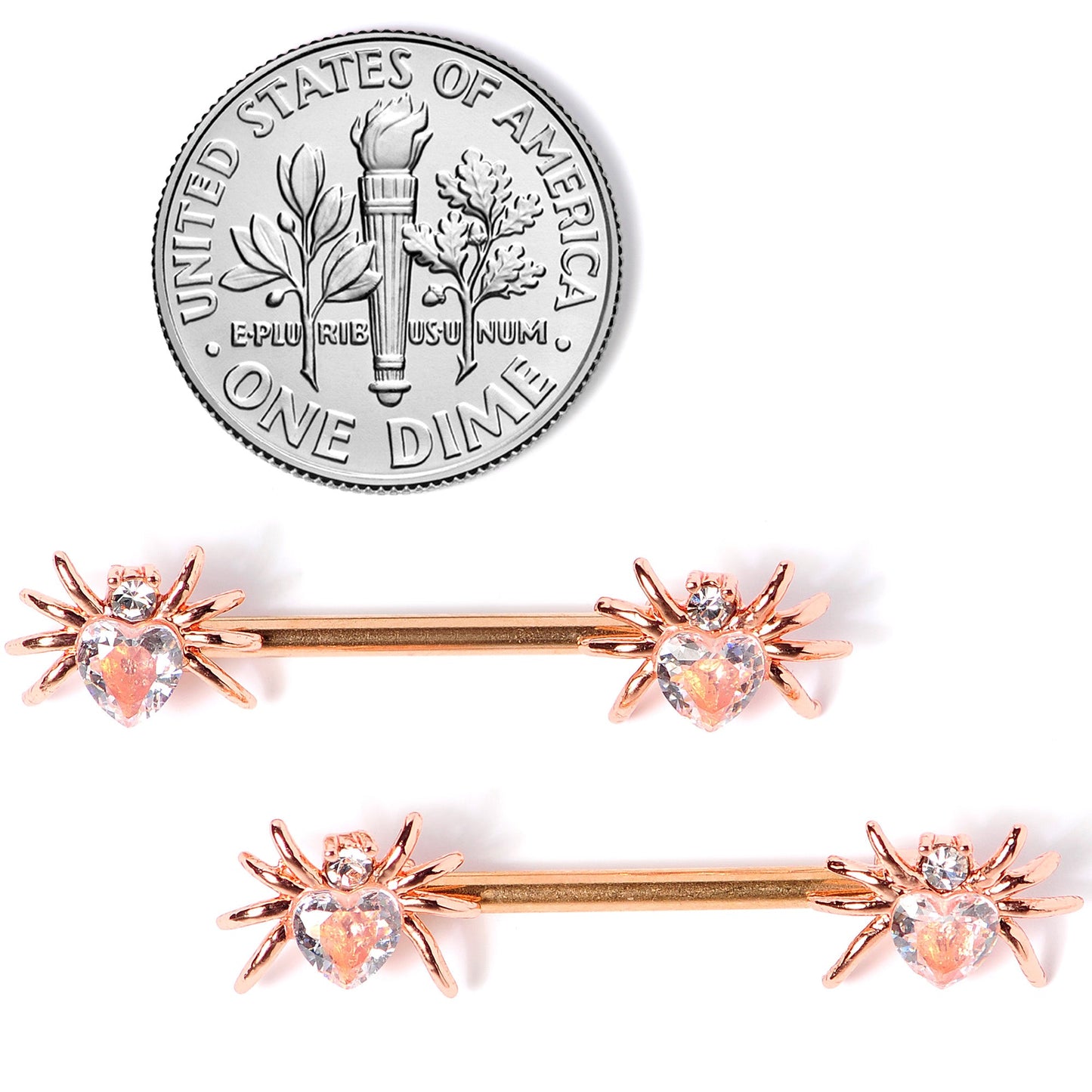 14G 9/16 Clear Gem Rose Gold Tone Heart Spider Nipple Ring Set