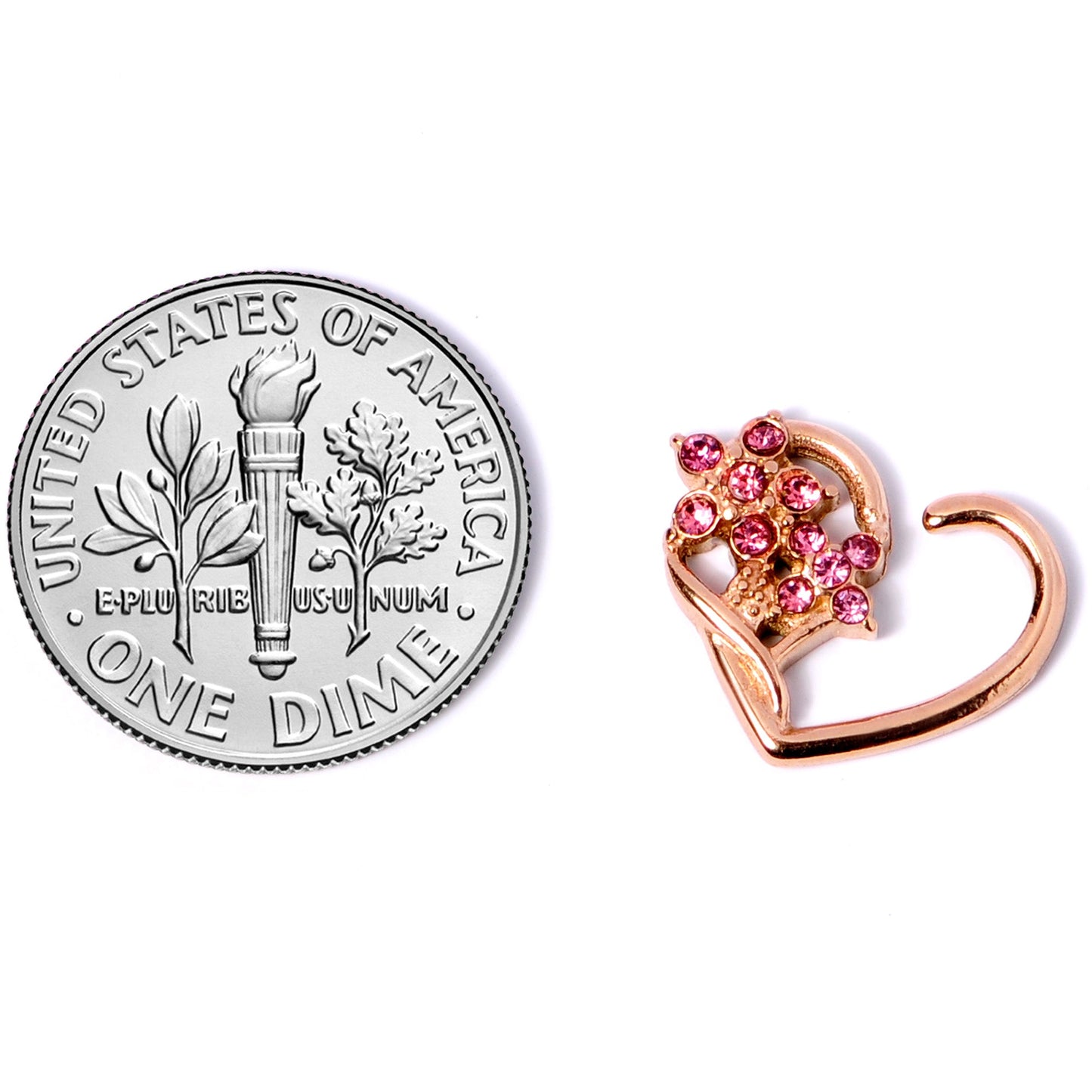 16G 3/8 Pink Gem Rose Gold Tone Heart Right Ear Closure Ring