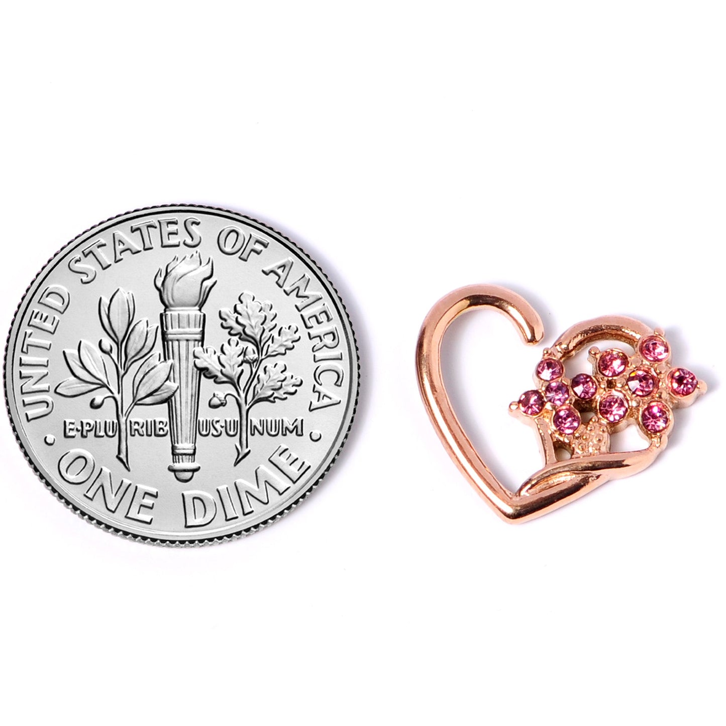 16G 3/8 Pink Gem Rose Gold Tone Heart Left Ear Closure Ring