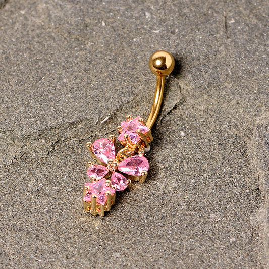 Pink Gem Gold Tone Star Bow Dangle Belly Ring