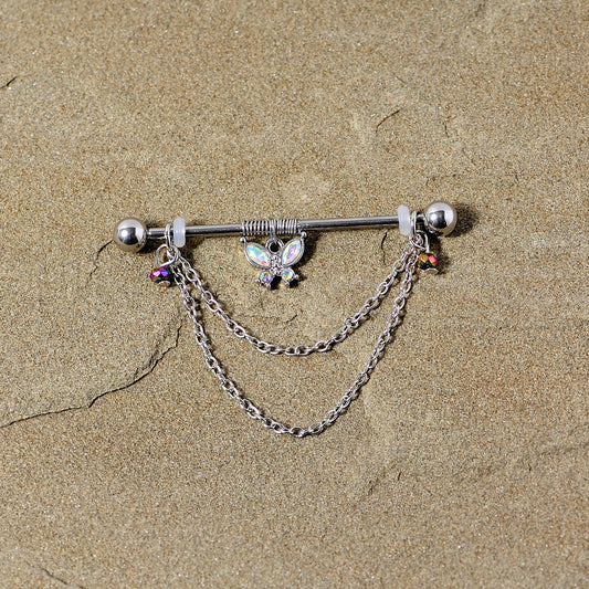 14G Aurora Gem Butterfly Chain Dangle Project Bar 38mm