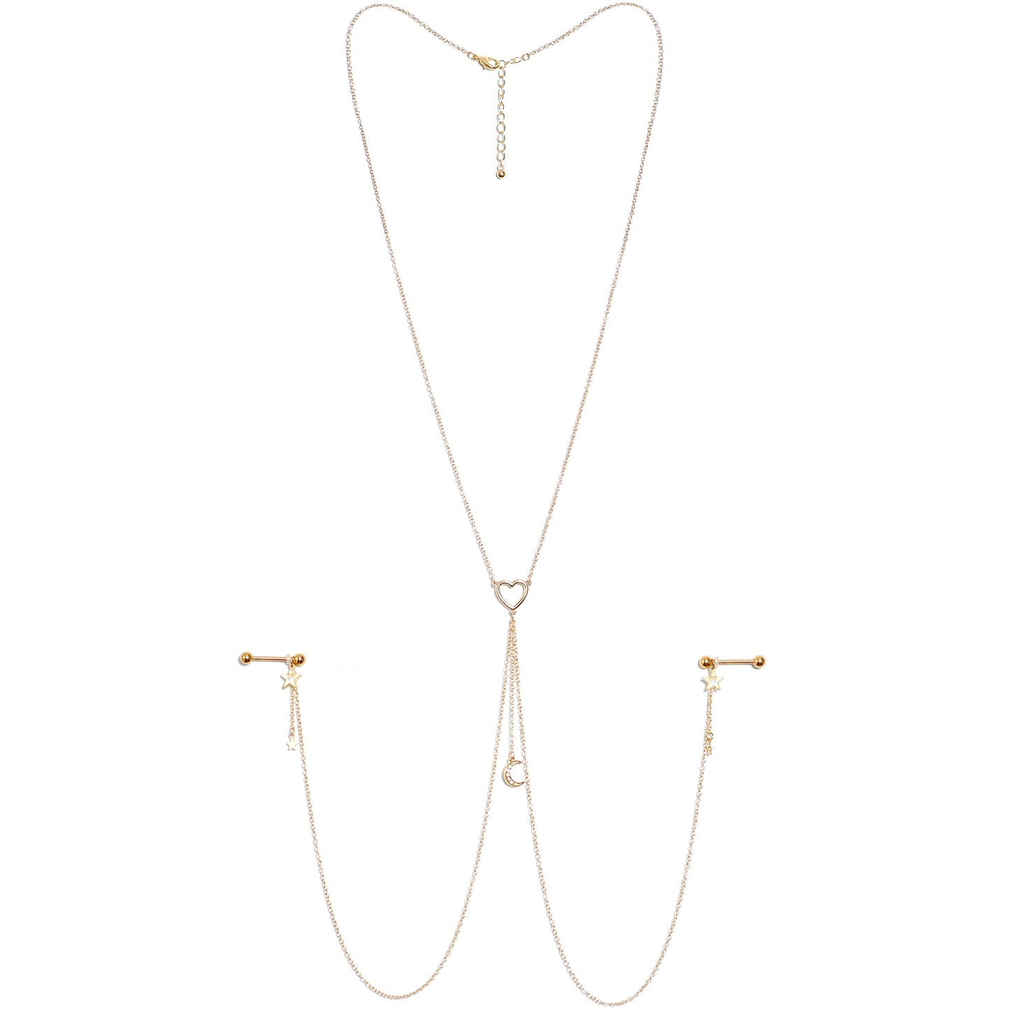 14G 5/8 Clear Gem Gold Tone Heart Star Nipple Chain Necklace