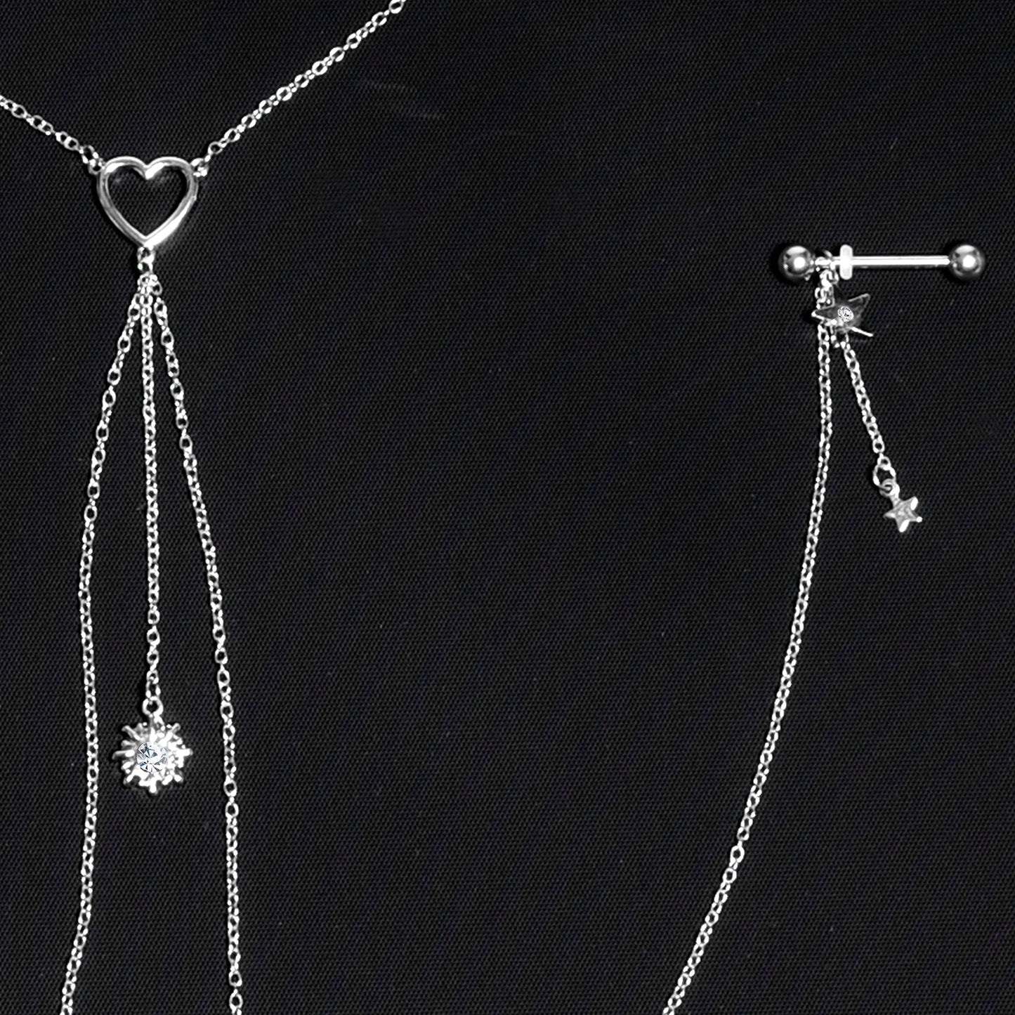 14G 5/8 Clear Gem Sun Heart Star Nipple Chain Necklace