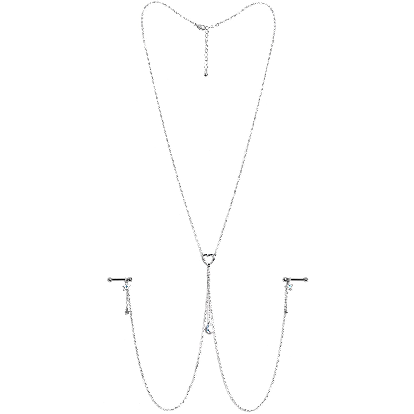 14G 5/8 Blue Gem Moon Heart Star Nipple Chain Necklace