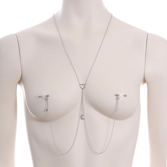 14G 5/8 Clear Gem Moon Heart Star Nipple Chain Necklace
