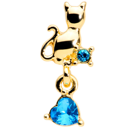 16G 1/4 Blue Gem Gold Tone Cat Heart Dangle Cartilage Tragus