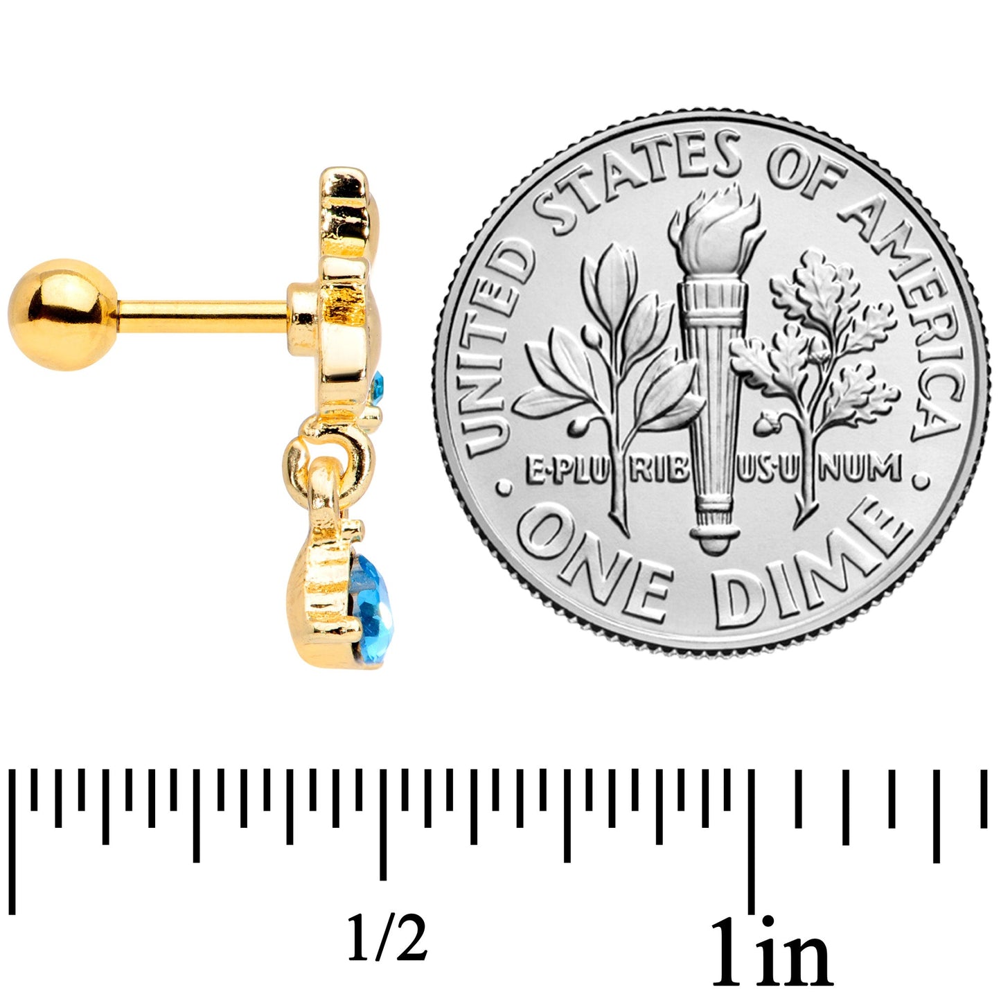 16G 1/4 Blue Gem Gold Tone Cat Heart Dangle Cartilage Tragus