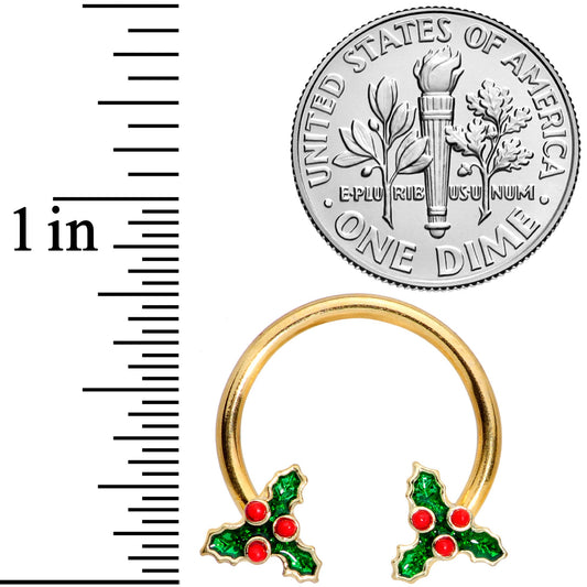 14G 9/16 Gold Tone Holly Christmas Horseshoe Nipple Ring Set