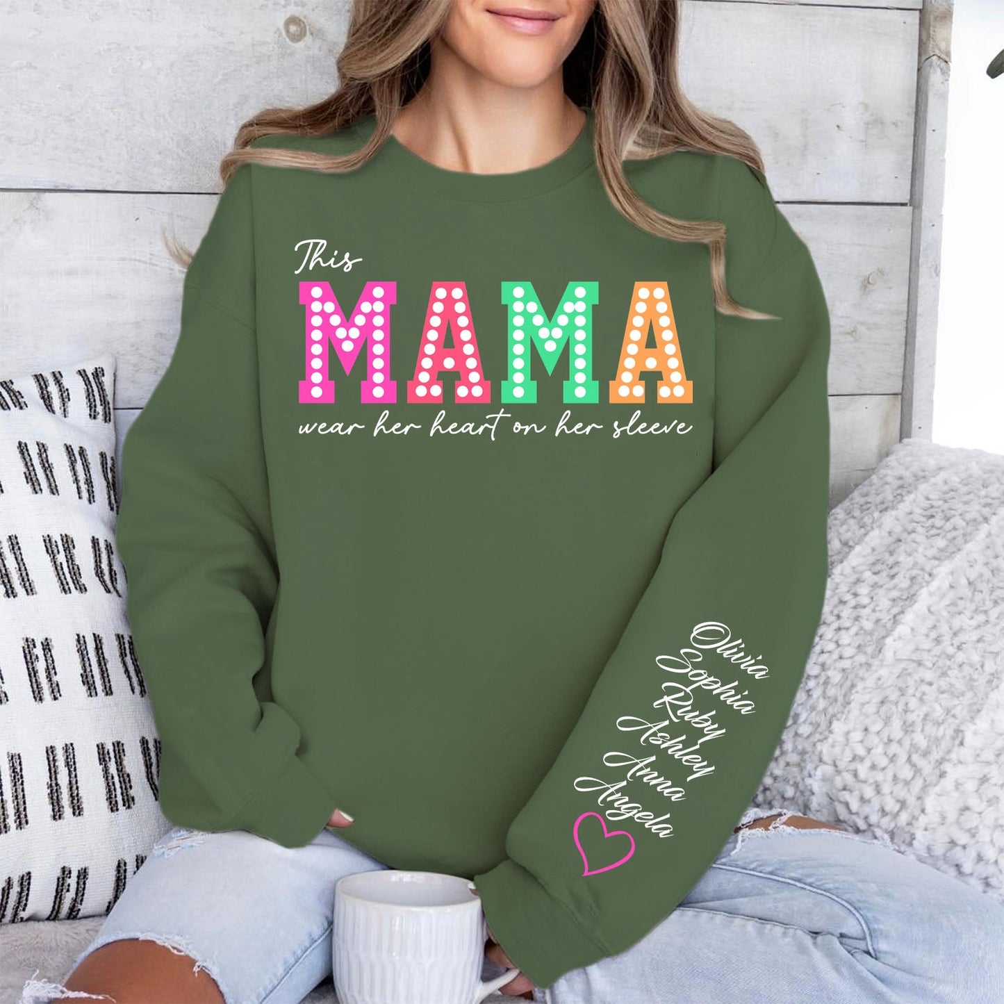 This Mama Wears Her Heart on Her Sleeve Custom Name Shirt, Personalized Custom Sleeve Print Sweatshirt, Mother's Day Gifts, Gift For Mom, Gift For Wife 682068