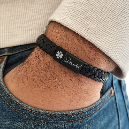 Custom Name Engraved Leather Medical Bracelet | Gift for Dad, Mom | Mother's Day Gift, Father's Day Gift | Personalized Unisex Bracelet 682222