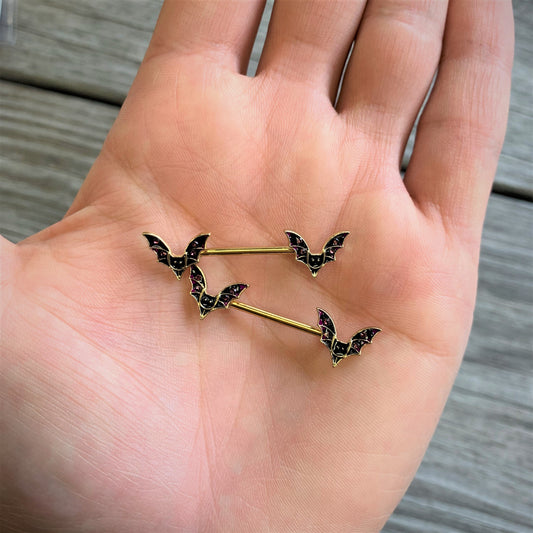 14G 9/16 Pink Gem Gold Tone Bat Halloween Barbell Nipple Ring Set