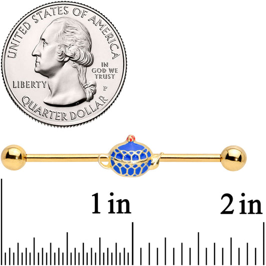 14G Gold Tone Blue Teapot Industrial Barbell 38mm
