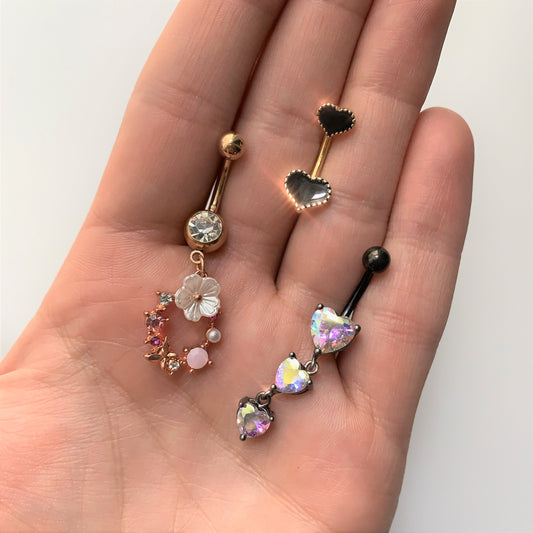 Clear CZ Gem Black Triple Heart Dangle Belly Ring