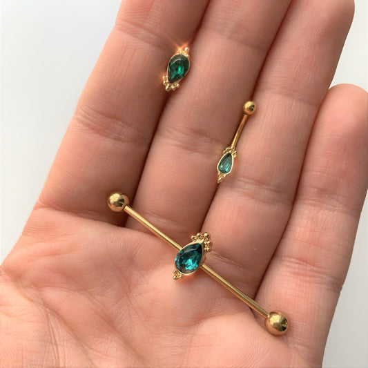 16G 1/4 Green Gem Gold Tone Drop Cartilage Tragus
