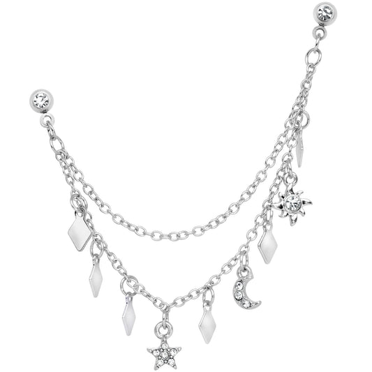 16G 1/4 Clear Gem Moon Star Sun Dangle Cartilage Chain Earring