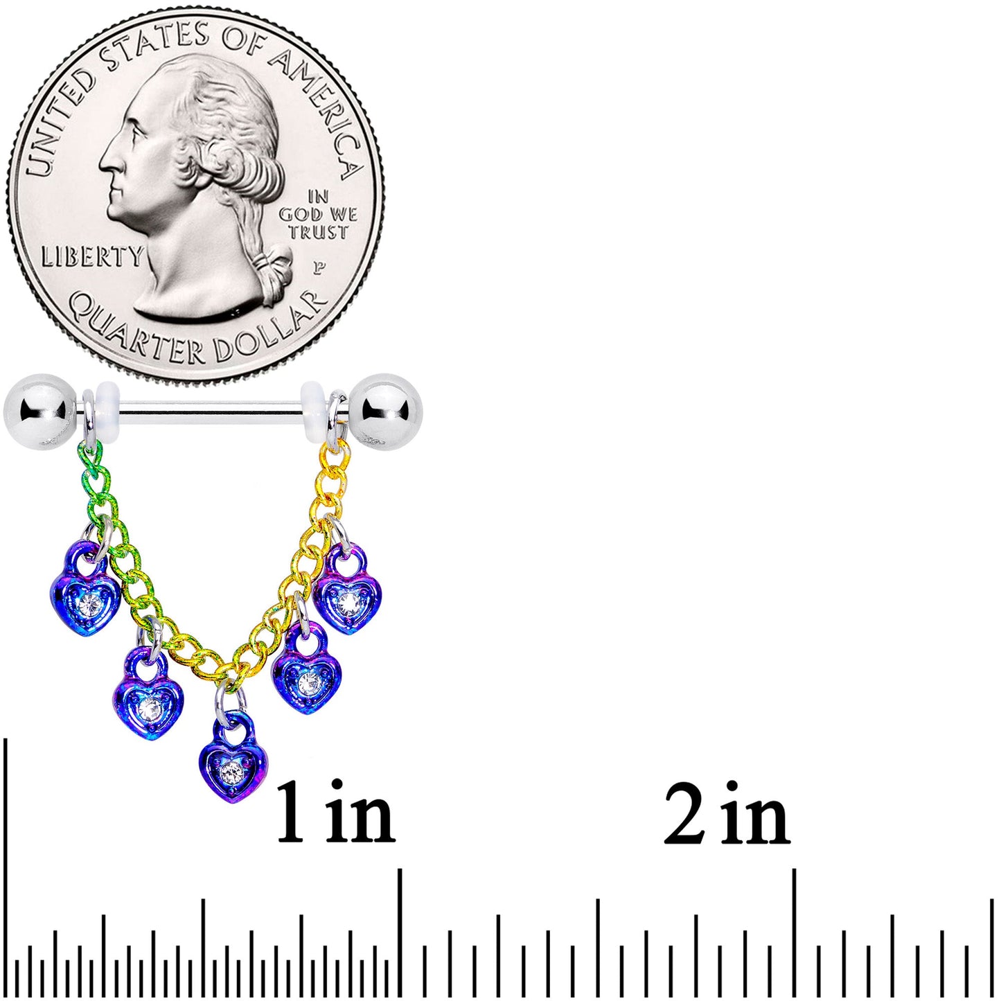 14G 11/16 Clear Gem Rainbow Padlock Heart Dangle Nipple Ring Set