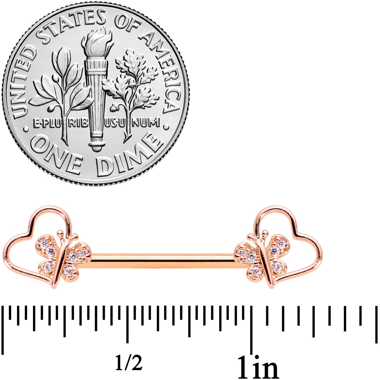 14G 9/16 Clear CZ Rose Gold Tone Heart Barbell Nipple Ring Set