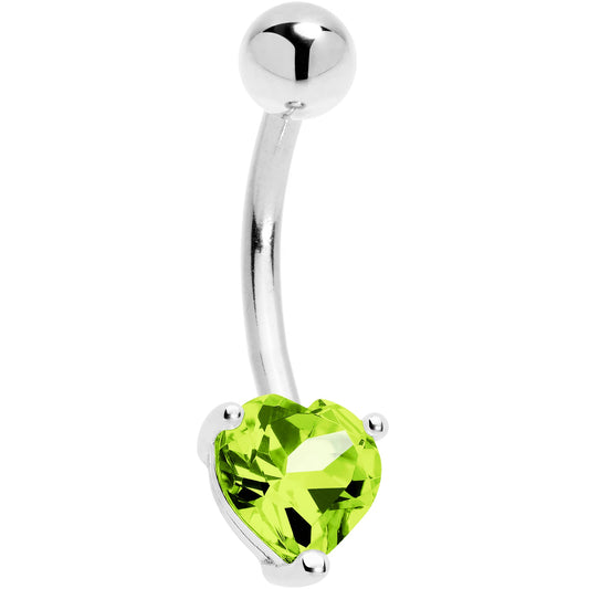 Solid 14K White Gold Genuine Peridot Heart Solitaire Belly Ring