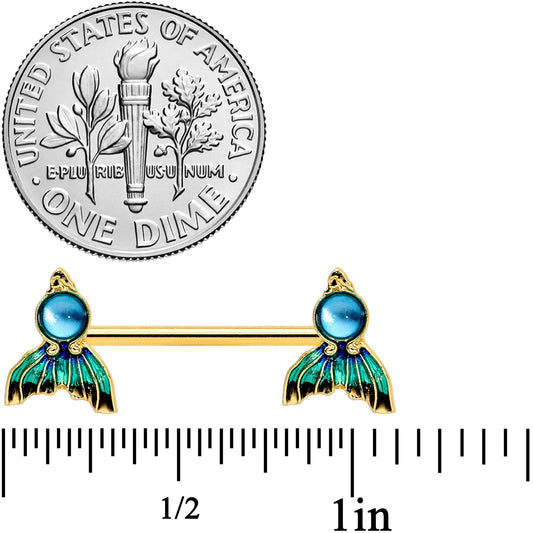 14G 9/16 Gold Tone Blue Green Mermaid Tail Barbell Nipple Ring Set