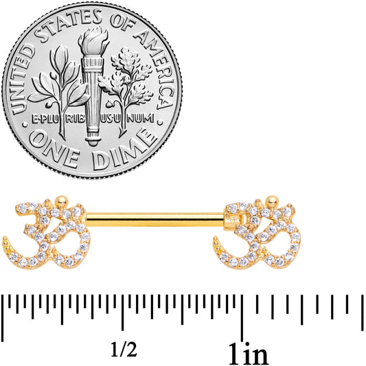 14G 9/16 Clear CZ Gem Gold Hue Amazing Om Barbell Nipple Ring Set