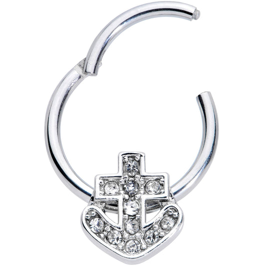 16G 3/8 Clear Gem Nautical Anchor Hinged Segment Ring
