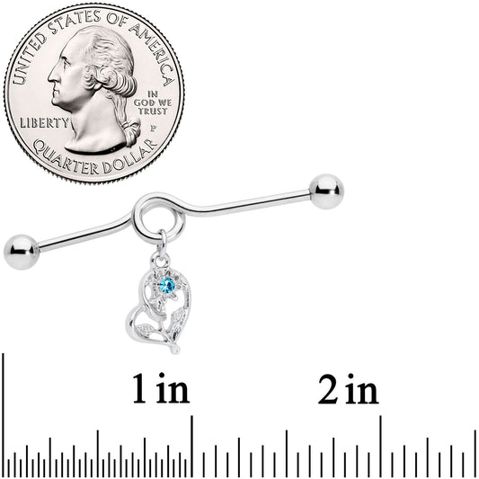 14G Aqua Gem Blossoming Heart Flower Dangle Project Bar 38mm