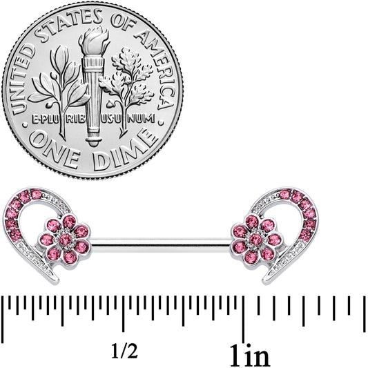 14G 9/16 Pink Gem Flower Heart Barbell Nipple Ring Set