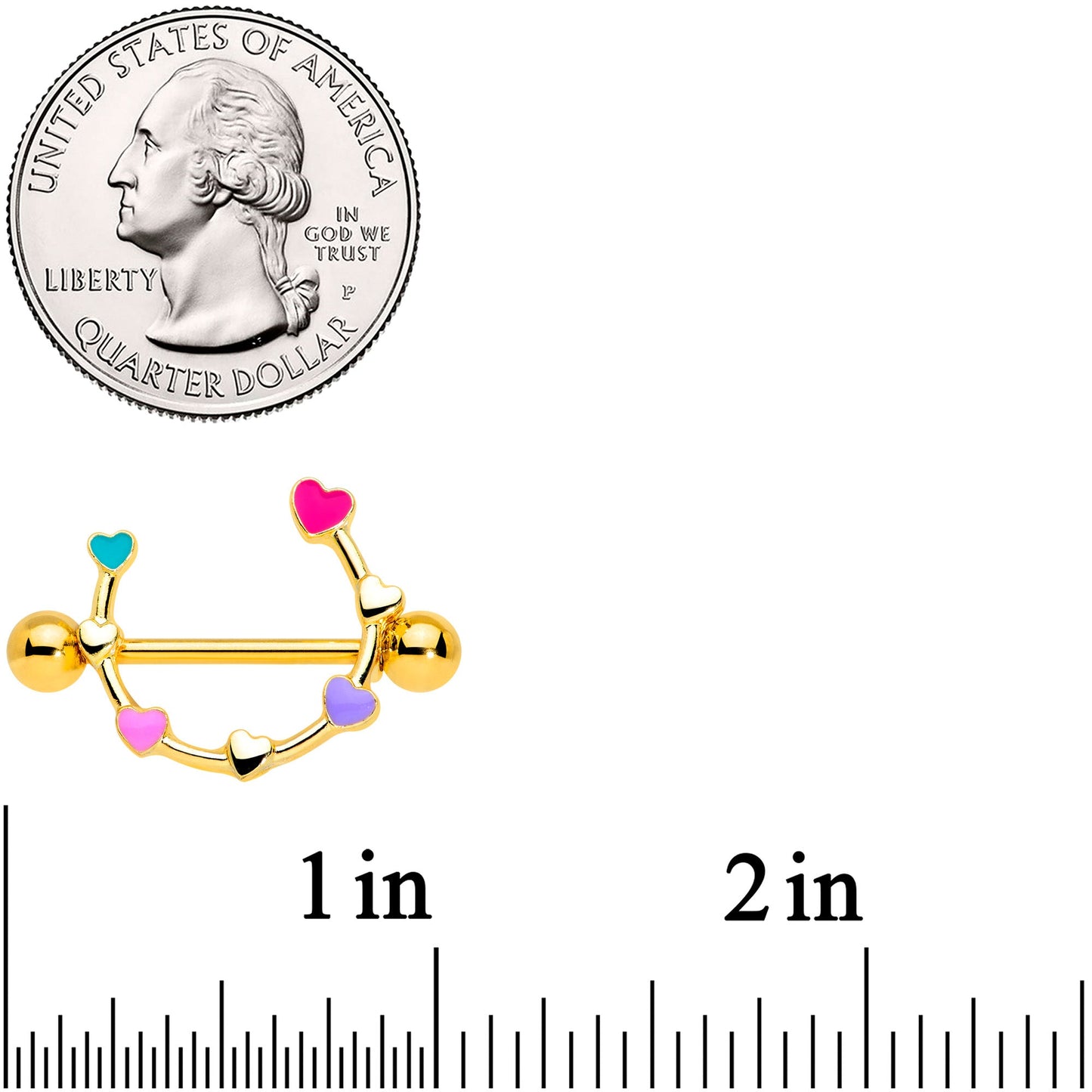 14G 9/16 Gold Tone Little Rainbow Hearts Nipple Shield Set