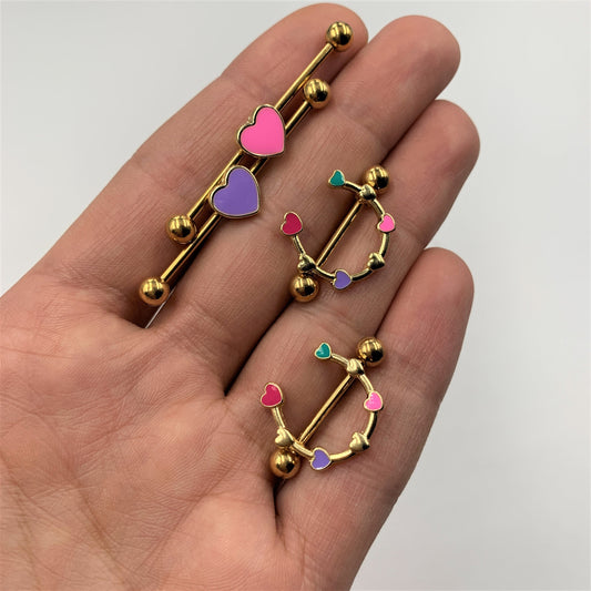 14G 9/16 Gold Tone Little Rainbow Hearts Nipple Shield Set