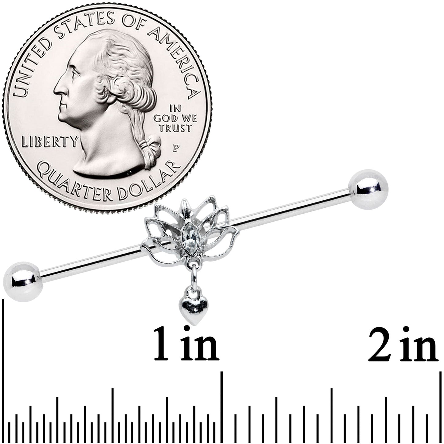 14G Clear Gem Lotus Flower Heart Dangle Industrial Barbell 38mm