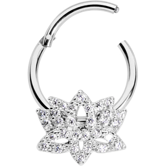 16G 3/8 Clear CZ Gem Lotus Flower Hinged Segment Ring