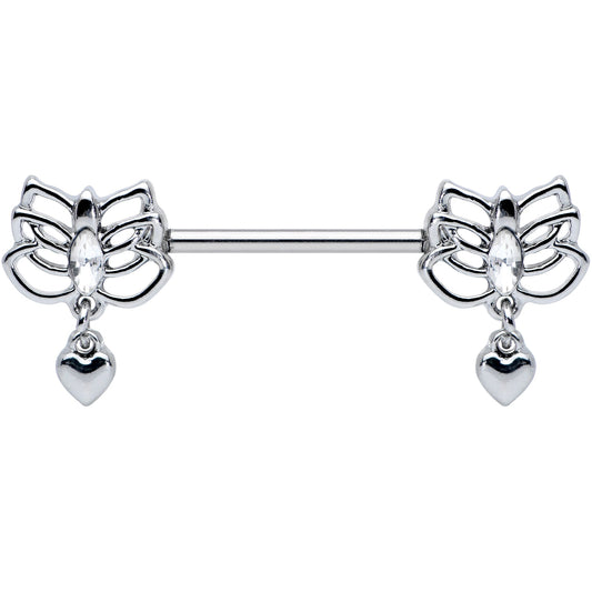 14G 5/8 Clear Gem Lotus Heart Dangle Barbell Nipple Ring Set