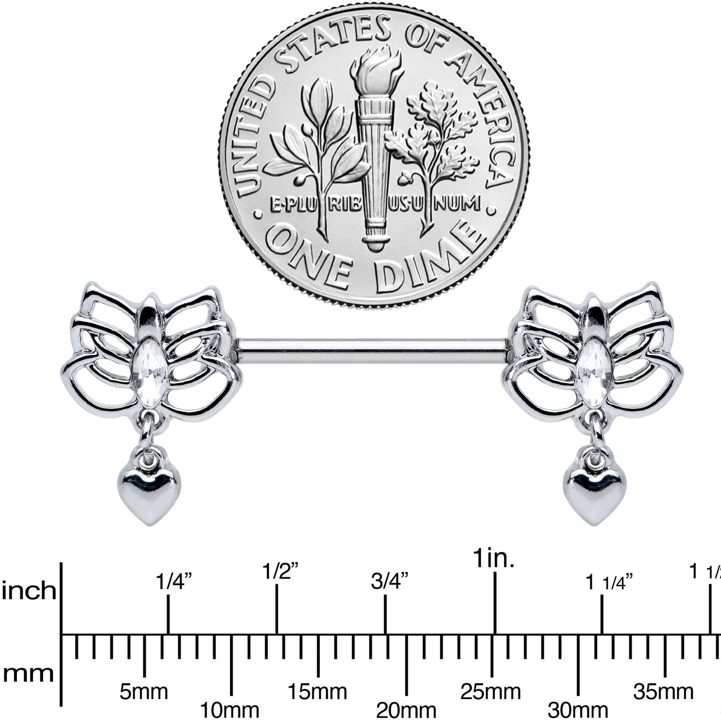 14G 5/8 Clear Gem Lotus Heart Dangle Barbell Nipple Ring Set