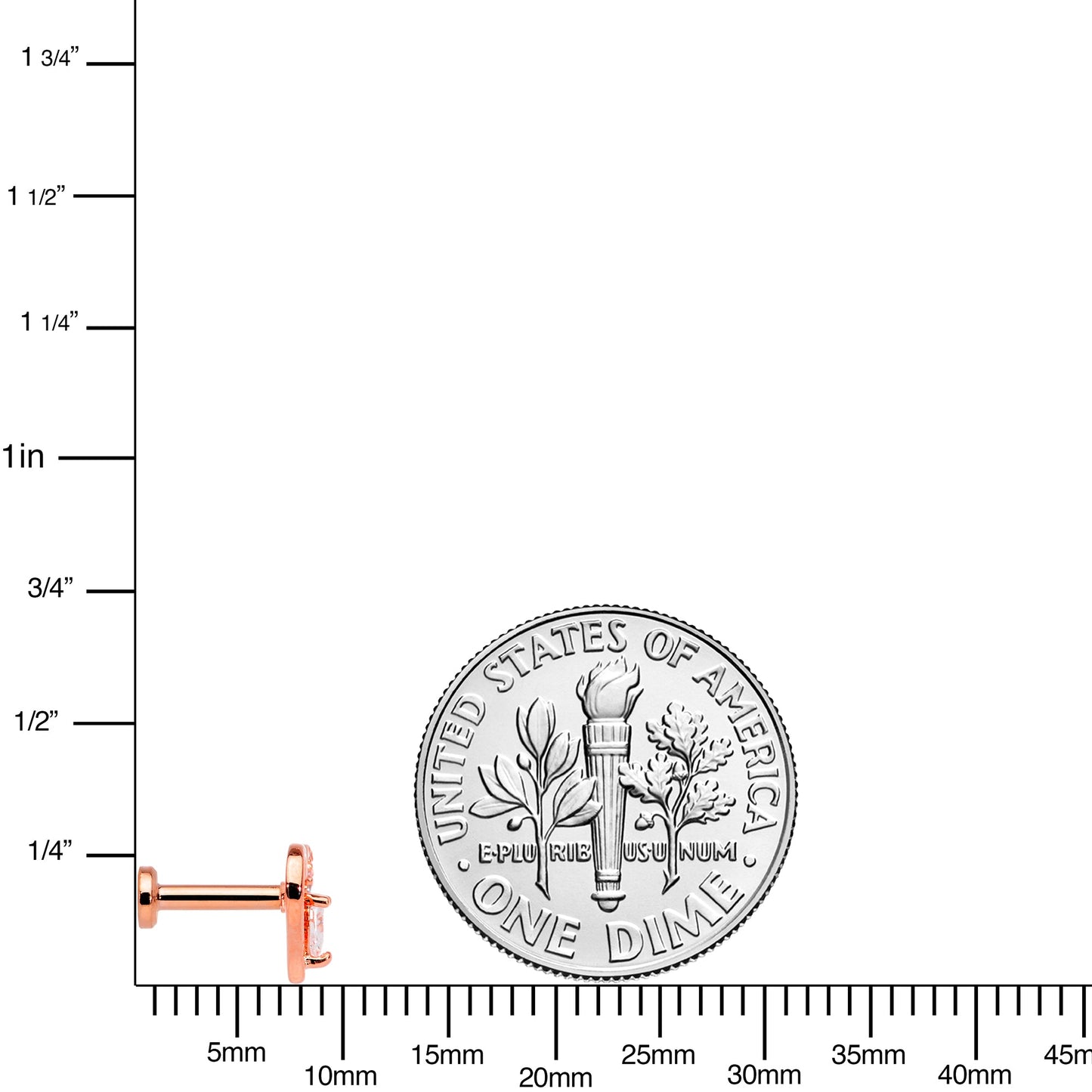 16G 1/4 Clear CZ Gem Rose Gold Hue Heart Internal Thread Labret