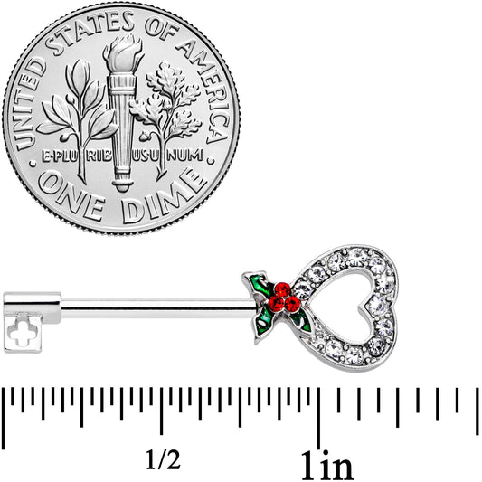 14G 9/16 Clear Gem Holiday Holly Key Heart Barbell Nipple Ring Set