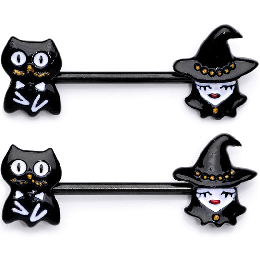 14G 9/16 Black Cat Pretty Witch Halloween Barbell Nipple Ring Set