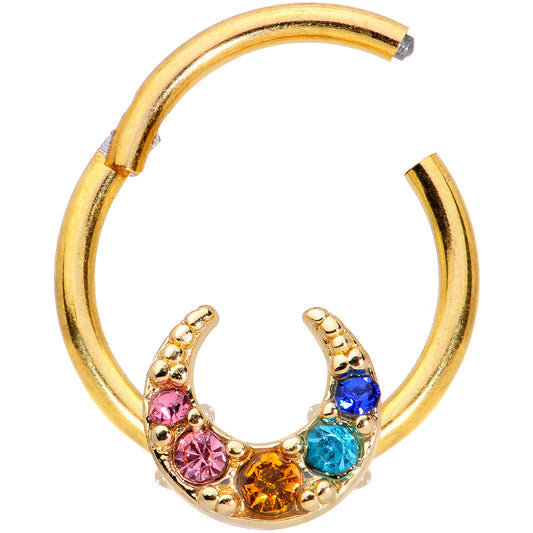 16G 3/8 Rainbow Gem Gold Tone Crescent Moon Hinged Segment Ring